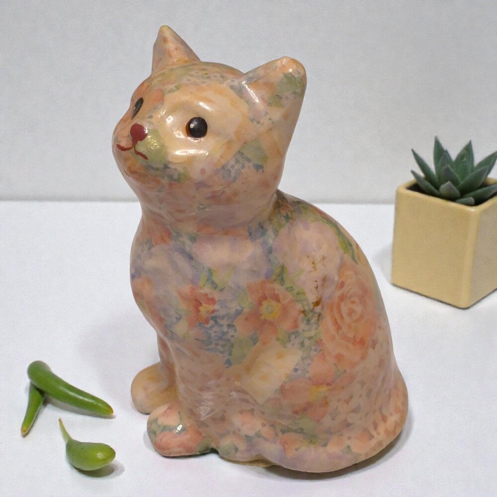 VTG Decoupage Floral Pastel Sweet Ceramic Cat Figurine Grandma Cottagecore